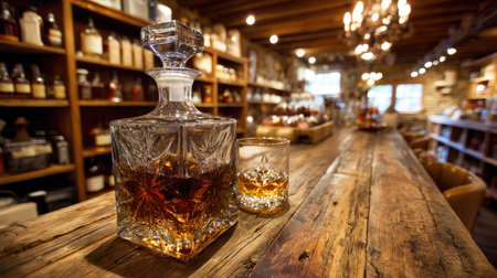 This captivating scene features a whiskey decanter and glass on a rustic wooden bar, highlighting the beauty of craftsmanship and inviting a cozy atmosphere for enjoyment.の素材