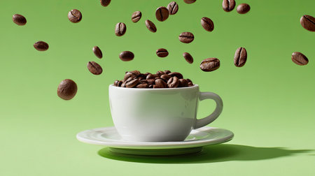 A striking image of coffee beans levitating above a white cup on a vibrant green background. Perfect for food and beverage themes.の素材