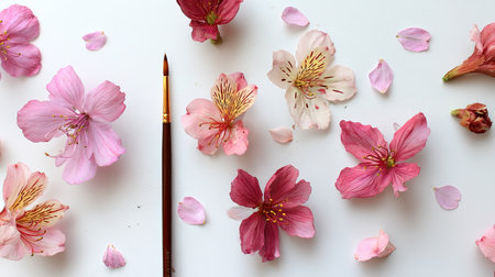 A beautiful flat lay of pink flowers and petals alongside a paint brush, perfect for capturing the essence of creativity and nature in artistic projects.の素材