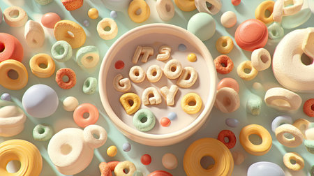 A vibrant breakfast scene featuring colorful donuts and playful elements, creating a joyful atmosphere. Perfect for food and lifestyle themes.の素材