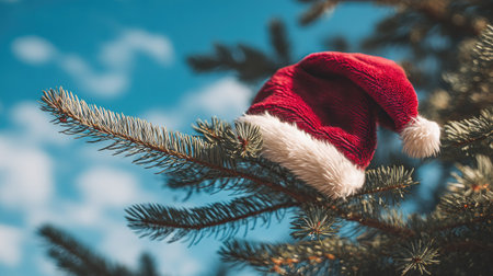A vibrant red Christmas hat rests on a pine branch, creating a charming holiday scene. The clear blue sky adds a festive ambiance, perfect for seasonal celebrations.の素材