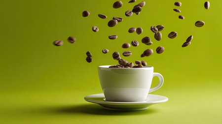 A captivating image of coffee beans soaring above a white cup against a vibrant green backdrop. This dynamic scene captures the essence of coffee culture.の素材