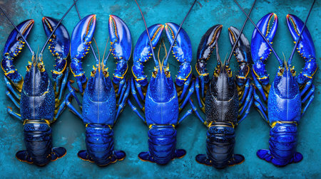Stunning blue lobsters arranged artistically against a textured blue background, showcasing their vibrant colors and unique features ideal for culinary and seafood themes.の素材