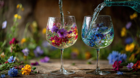 Two elegant glasses filled with colorful flowers and refreshing water, beautifully arranged in a serene garden setting, perfect for any outdoor celebration.の素材