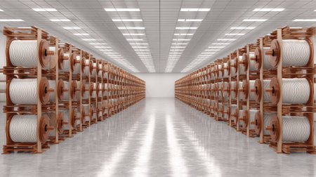 A spacious warehouse featuring neatly arranged rows of spools on wooden racks. The bright lighting emphasizes a clean and organized space ideal for industrial storage.の素材