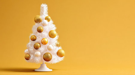 A beautiful white Christmas tree adorned with shiny gold ornaments, set against a vibrant yellow background, perfect for holiday decor and festive inspirations.の素材