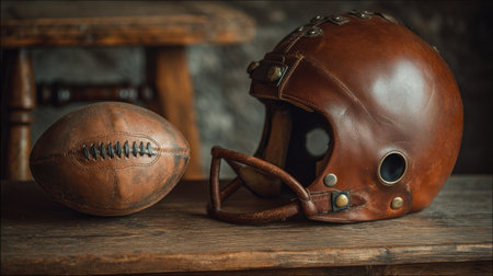 A vintage leather football helmet and ball rest on a rustic wooden table, evoking nostalgia for classic sports. Perfect for showcasing heritage in athletics.の素材