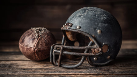 A vintage football helmet and a leather ball sit on a rustic wooden surface, evoking nostalgia for past games and classic sporting moments in an atmospheric setting.の素材