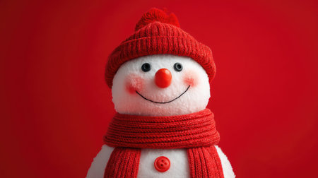 This joyful snowman features a bright red hat and scarf against a vibrant red background, embodying the cheerful spirit of winter and holidays. Perfect for festive themes!の素材