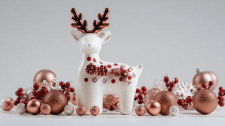 This charming white ceramic reindeer stands amidst elegant holiday decorations, featuring shiny ornaments and festive berries, perfect for seasonal cheer.の素材