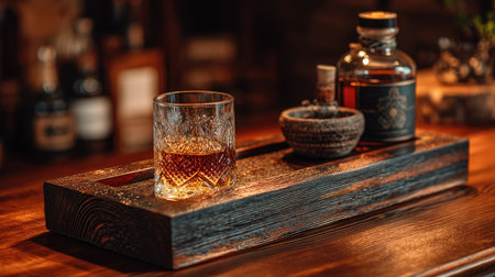A beautifully arranged whiskey glass sits on a rustic wooden tray alongside a bourbon bottle and a small bowl. The warm colors create an inviting atmosphere.の素材