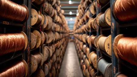 A captivating view of neatly organized copper wire spools in an industrial warehouse aisle, highlighting the textures and colors of raw materials used in manufacturing.の素材