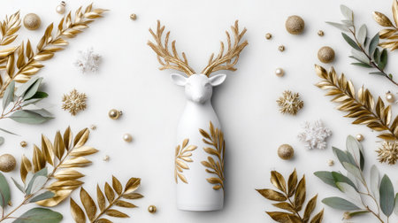Stylish decoration featuring a white reindeer with gold accents, surrounded by elegant foliage and ornaments. Perfect for a festive holiday atmosphere.の素材