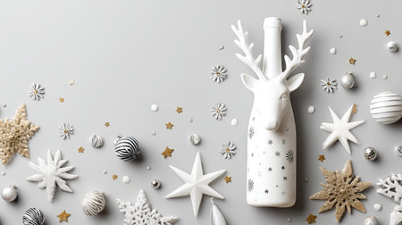 This stunning holiday arrangement features a white reindeer bottle surrounded by elegant ornaments. Ideal for Christmas and winter decor inspiration.の素材