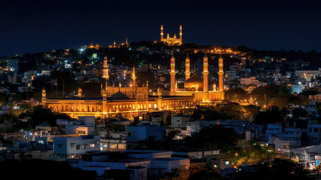 A stunning night view showcasing a magnificent mosque illuminated against the vibrant city skyline of Hyderabad, highlighting the beauty of architecture and cultural heritage.の素材