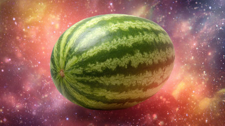 A vibrant watermelon set against a stunning cosmic background, featuring stars and nebulae. This imaginative composition brings together elements of nature and the universe.の素材