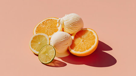 A vibrant display of creamy citrus ice cream accompanied by fresh orange and lime slices, showcasing the essence of summer indulgence and refreshing treats.の素材