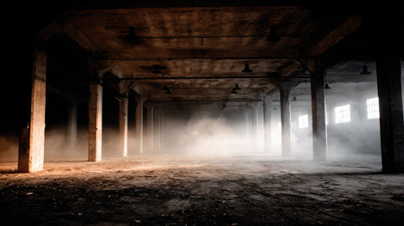 A dramatic view of an abandoned warehouse interior, featuring dusty floors and light rays piercing through windows, creating a haunting yet captivating atmosphere.の素材