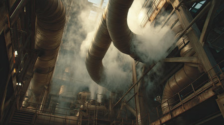 Dramatic view of an industrial facility featuring large pipes emitting smoke, showcasing architectural and engineering design elements in a manufacturing environment.の素材