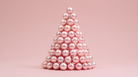 A beautifully arranged set of pink pearls shaped like a Christmas tree, set against a soft pastel background, ideal for modern decor themes and elegant festivities.の素材
