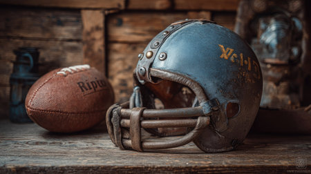 A vintage American football helmet alongside a classic leather ball, set on a rustic wooden surface. Perfect for sports-themed projects or nostalgic imagery.の素材