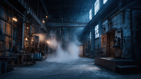 An abandoned industrial workshop features steam and dim lighting, creating an eerie and atmospheric space. Ideal for creative and artistic projects.の素材