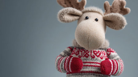 This charming moose toy features soft fabric and a cozy knitted sweater, perfect for seasonal decor or as a delightful gift for animal lovers.の素材