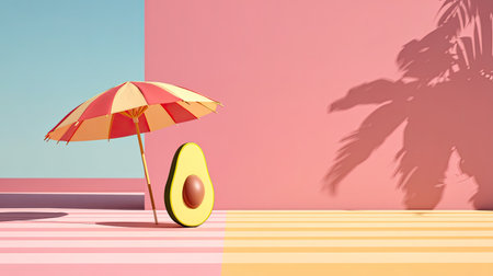 A vibrant beach scene featuring a bright avocado beside a colorful striped umbrella, set against a pastel background, evoking warmth and relaxation.の素材