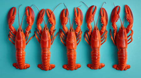 A stunning arrangement of vibrant red lobsters showcases their glossy texture against a bright turquoise backdrop, perfect for culinary and seafood themes.の素材