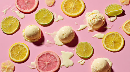 A vibrant arrangement featuring scoops of ice cream alongside fresh citrus slices on a pink background, creating a delightful and refreshing dessert scene.の素材