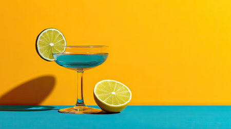 A vibrant image of a refreshing cocktail in a glass, garnished with lemon slices, set against a colorful yellow and blue background, perfect for summer themes.の素材