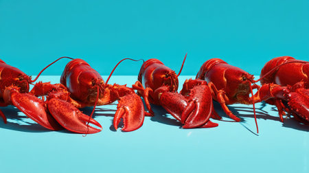 Vibrant red lobsters arranged on a bright blue background, perfect for showcasing seafood dishes or culinary delights. Ideal for food photography.の素材