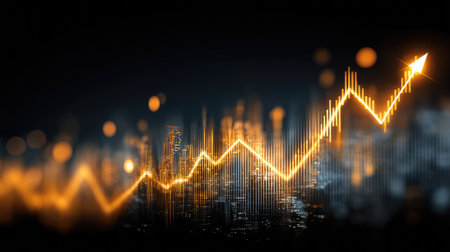This image depicts an abstract financial growth chart with glowing arrows, illustrating upward trends and positive economic signals in a digital format.の素材