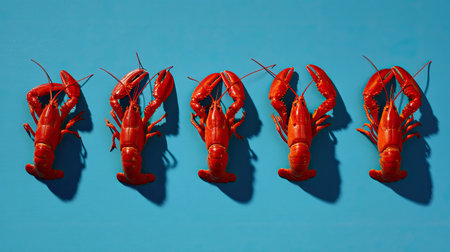 Five vibrant red lobsters are arranged neatly on a striking blue background, showcasing their rich color and texture, perfect for culinary-themed projects.の素材
