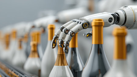 An advanced robotic arm gracefully handles champagne bottles on an automated production line, showcasing technology and efficiency in modern beverage manufacturing.の素材