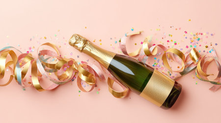 A stunning champagne bottle rests on a soft pink background, surrounded by colorful confetti and shiny streamers, evoking a joyful celebration atmosphere.の素材