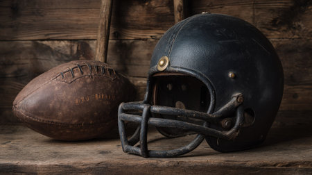 Capture the essence of vintage sports with this classic football helmet and leather ball on a rustic wood backdrop, perfect for nostalgic themes.の素材