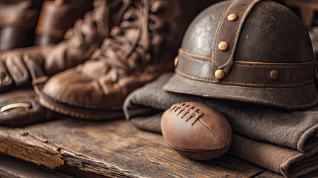Discover a charming arrangement of vintage sports items featuring leather boots, an old helmet, and a classic ball, perfect for decor and memorabilia.の素材
