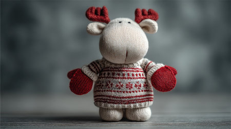 Adorable textile reindeer doll dressed in a holiday sweater and mittens, perfect for festive decoration and celebrations. Ideal for cozy atmospheres.の素材