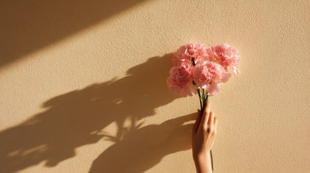 A delicate hand gently holds soft pink carnations against a beige textured wall, creating a serene visual with shadows that evoke warmth and elegance.の素材