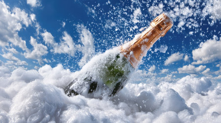 A champagne bottle erupts with foam, creating a joyful scene under a bright blue sky scattered with clouds. Perfect for celebrations and festive moments.の素材