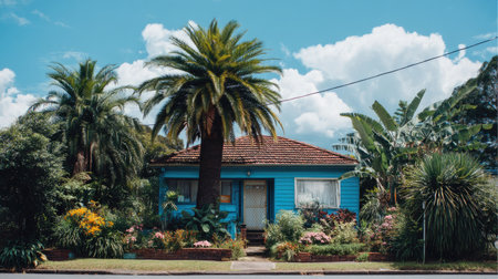 This vibrant blue house with lush gardens showcases tropical plants and palm trees, creating an inviting and peaceful atmosphere in a residential setting.の素材