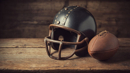 This image showcases a vintage football helmet and a leather ball resting on a rustic wooden table, evoking a sense of nostalgia for sports enthusiasts.の素材