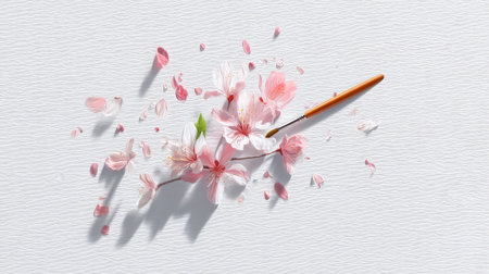 A stunning composition featuring delicate cherry blossoms and a paintbrush, capturing the essence of spring beauty and artistry on a textured background.の素材