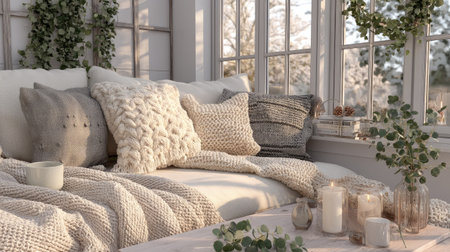 This image showcases a cozy living room corner filled with soft pillows and blankets, illuminated by natural light, creating a peaceful and inviting atmosphere perfect for relaxation.の素材