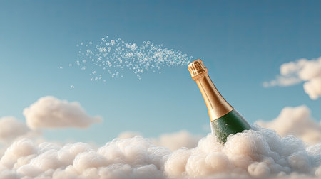 A vibrant champagne bottle erupts with foam, creating a celebratory atmosphere. It rises through fluffy clouds against a serene blue sky, symbolizing joy and luxury.の素材