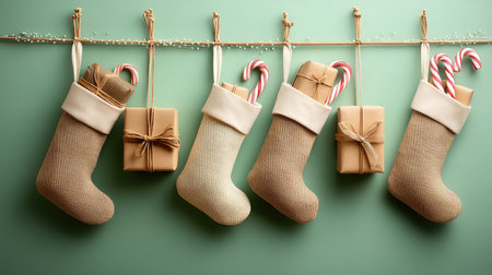This charming image features cozy Christmas stockings adorned with candy canes, paired with beautifully wrapped gifts, perfect for holiday celebrations.の素材