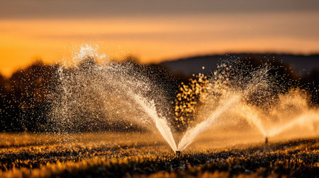 A serene sunset scene featuring irrigation sprinklers watering a golden field, capturing the beauty of nature and agricultural practices in a tranquil rural landscape.の素材