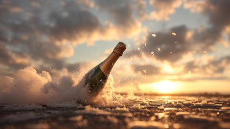 A champagne bottle ejects foam against a stunning sunset backdrop, capturing the essence of celebration and joy. Perfect for festive occasions.の素材
