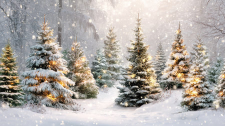 A captivating winter landscape featuring snow-covered evergreen trees glistening in soft light. Perfect for evoking festive cheer and tranquility.の素材